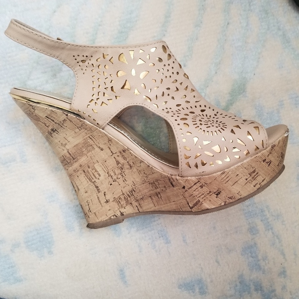 Tan and cork wedges with gold detail